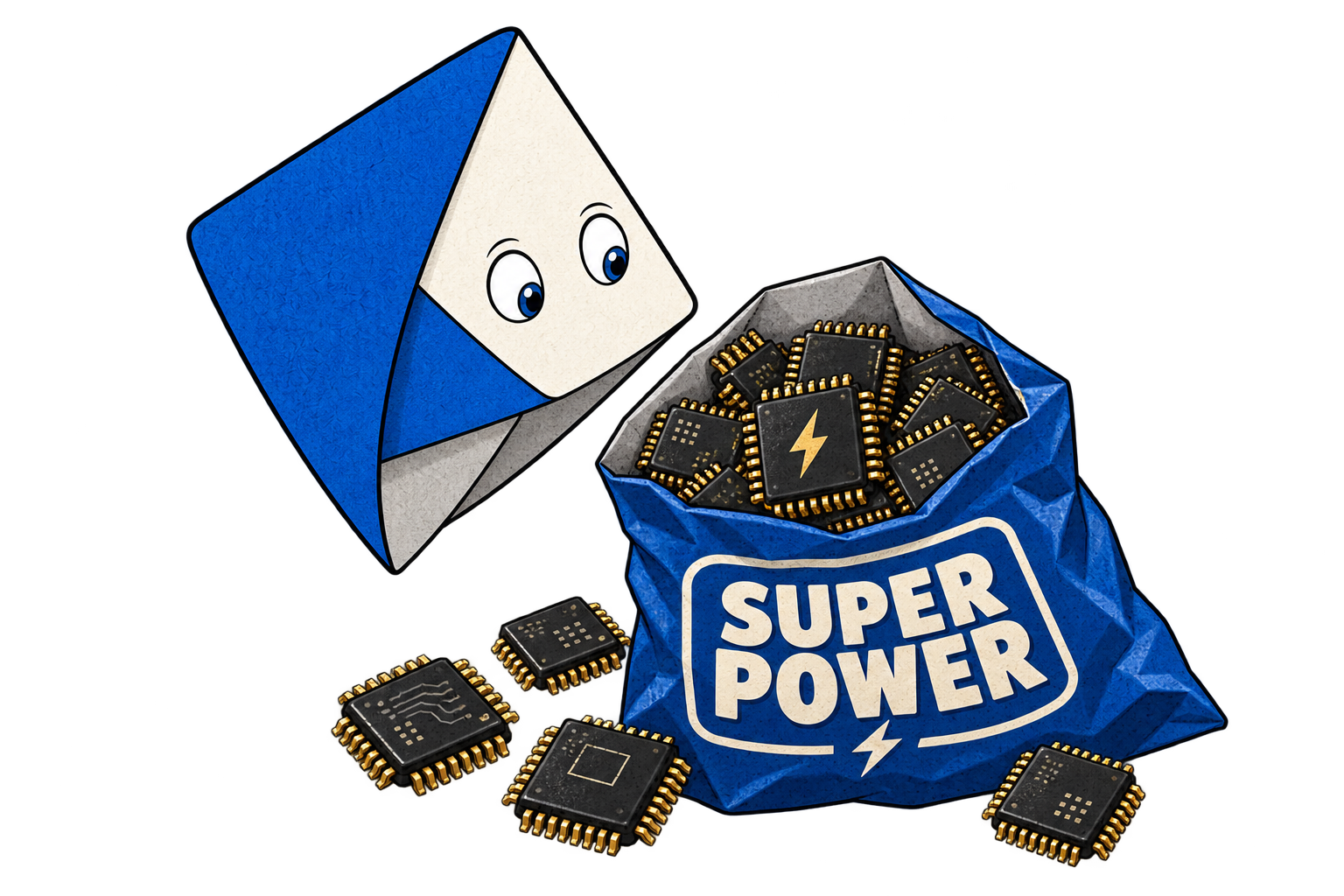 Aik with a Super Power bag full of computer chips.