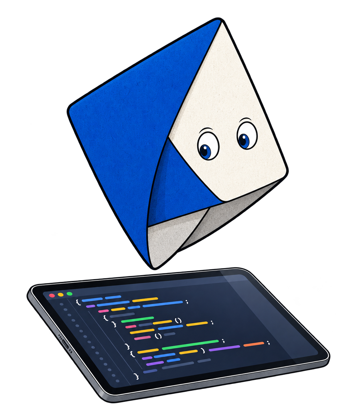 Aik floats over a tablet displaying code.