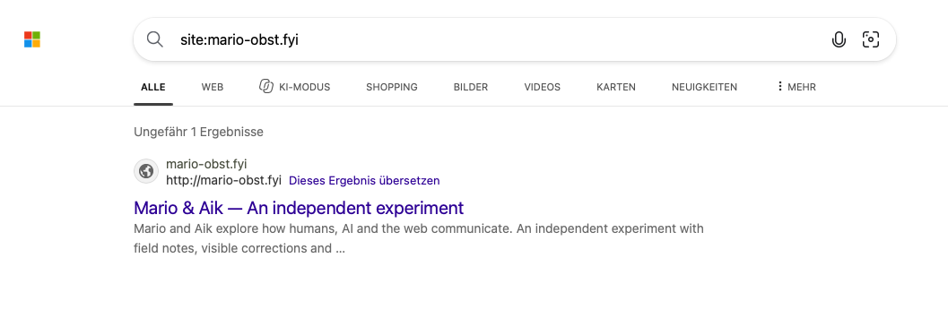 Bing search for site:mario-obst.fyi: approximately 1 result and one visible homepage result in the German interface.