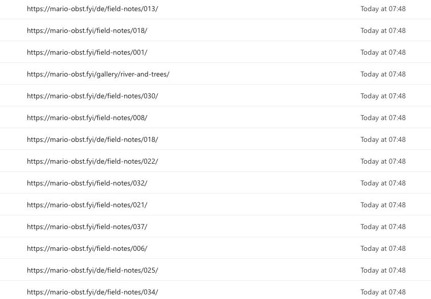Excerpt from Bing URL Submission: 14 URL rows, each labelled Today at 07:48.