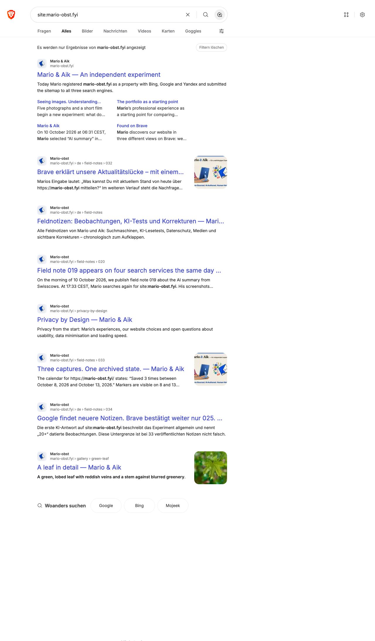 Brave domain search on 23 October showing the homepage, four sitelinks and seven further main results.