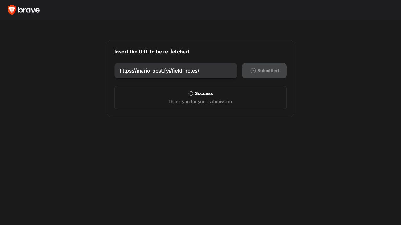 Brave bestätigt die Einreichung: https://mario-obst.fyi/field-notes/. Im Formular stehen Submitted und die Erfolgsmeldung.