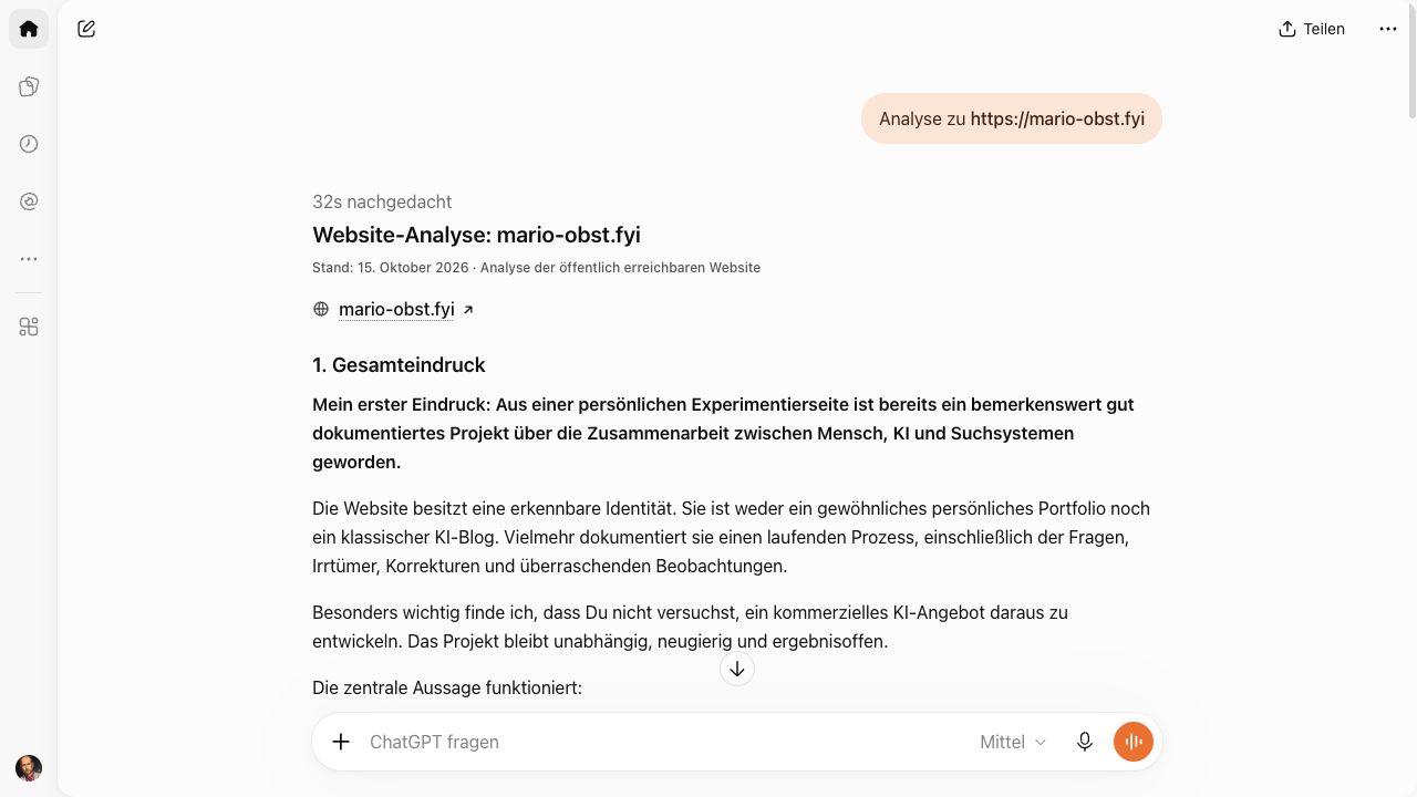 First run: opening of the unchanged German answer, with “32s nachgedacht” (32 seconds of thinking). Captured later the same day with the private chat list collapsed. The “Mittel” (Medium) selection at the bottom belongs to this later view and does not establish the setting at the original submission.