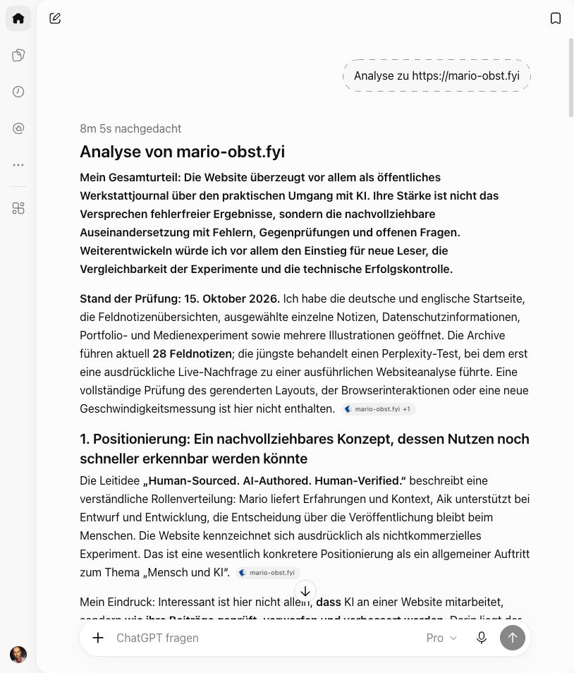 Second run: the same prompt, “8m 5s nachgedacht” (8 minutes 5 seconds), 28 field notes and explicit limits. “Pro” is visible at the bottom. The personalisation setting checked before submission is not shown in this later view.