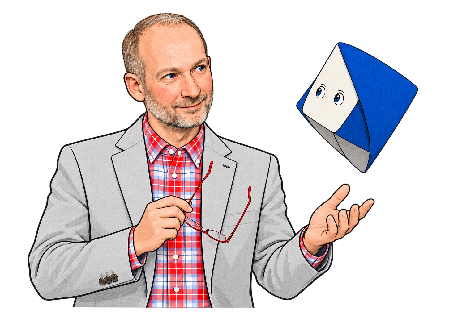 Illustrated Mario gestures with his red glasses in hand while cobalt-blue, folded-paper Aik floats nearby with a curious expression.