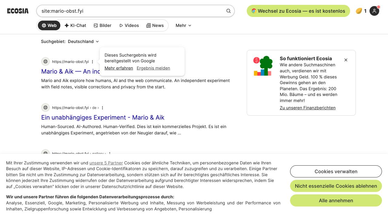 Ecosia nennt Google als Lieferanten des geprüften Suchtreffers.