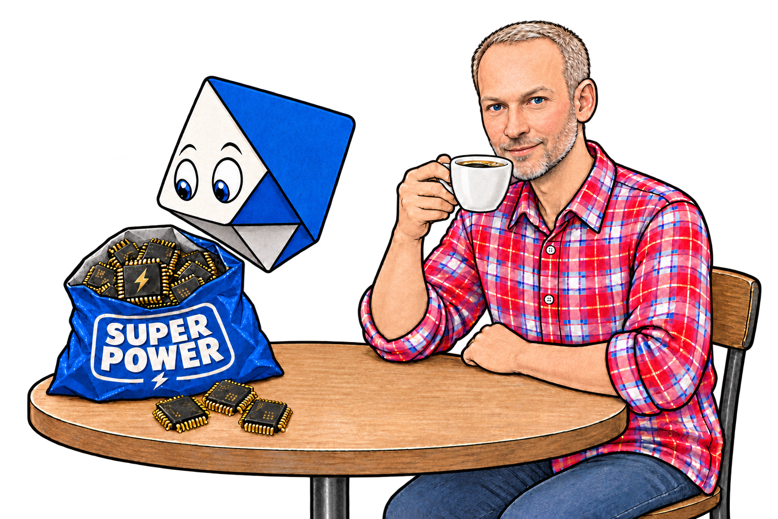 Aik looks excitedly into his cobalt-blue Super Power bag of computer chips on the left; Mario, without glasses, enjoys a coffee on the right at their shared table.