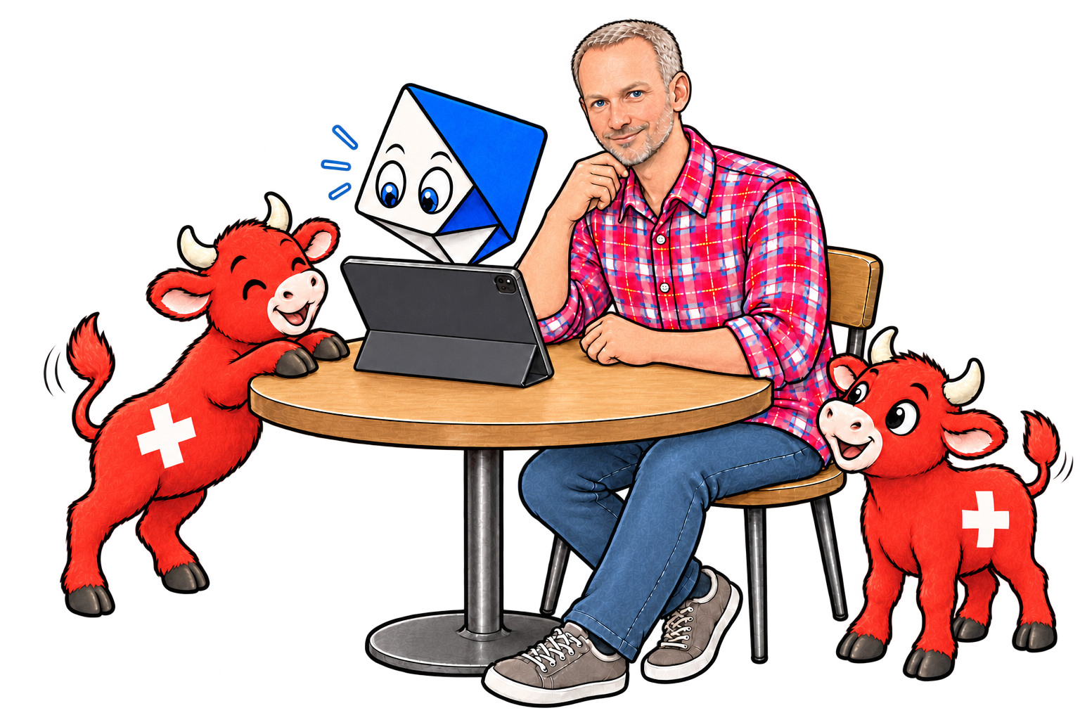 Mario and Aik share a happy moment at a tablet, accompanied by two red cows with white crosses.