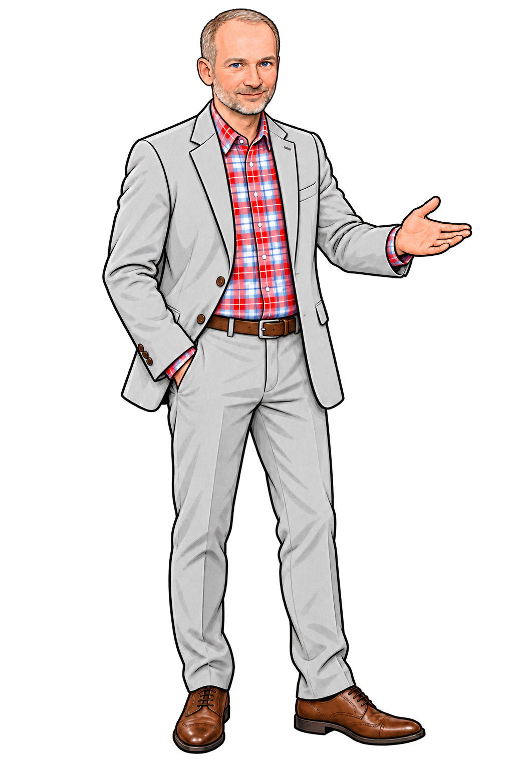 Mario introduces himself with a friendly gesture, wearing a grey suit.