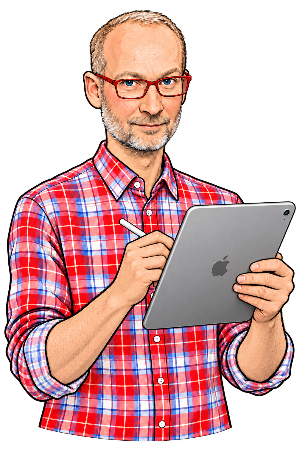 Mario in his shirt, with a slender face, red glasses, an iPad and Apple Pencil, cross-checking a draft.