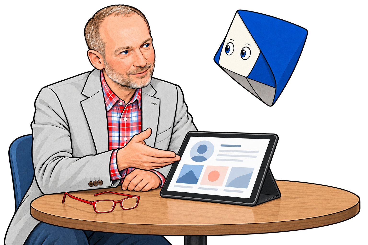 Mario in a light grey jacket sits at a table discussing a portfolio on a tablet with Aik.
