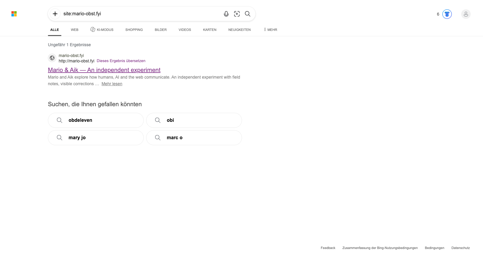 Bing: Ein Treffer zur englischen Startseite; Bing zeigt „Ungefähr 1 Ergebnisse“. Screenshot von Mario, 11. Oktober 2026, gegen 07:20 CEST.