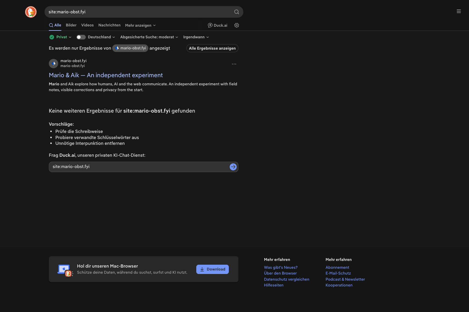 DuckDuckGo: Ein Treffer zur englischen Startseite und der Hinweis, dass keine weiteren Ergebnisse gefunden wurden. Screenshot von Mario, 11. Oktober 2026, gegen 07:20 CEST.