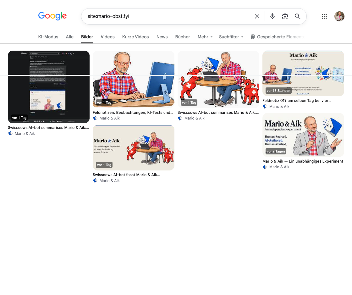 Google Bilder: Sechs sichtbare Kacheln in Google Bilder: ein Screenshot, zwei Inhaltsillustrationen und drei gestaltete Vorschaubilder. Screenshot von Mario, 11. Oktober 2026, gegen 07:20 CEST.