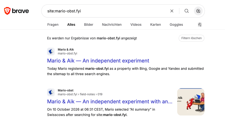 Brave: English note 019 appears with an image preview and an excerpt mentioning the original AI query at 06:31 CEST. Screenshot supplied by Mario for the query on 10 October 2026 at 17:33 CEST.