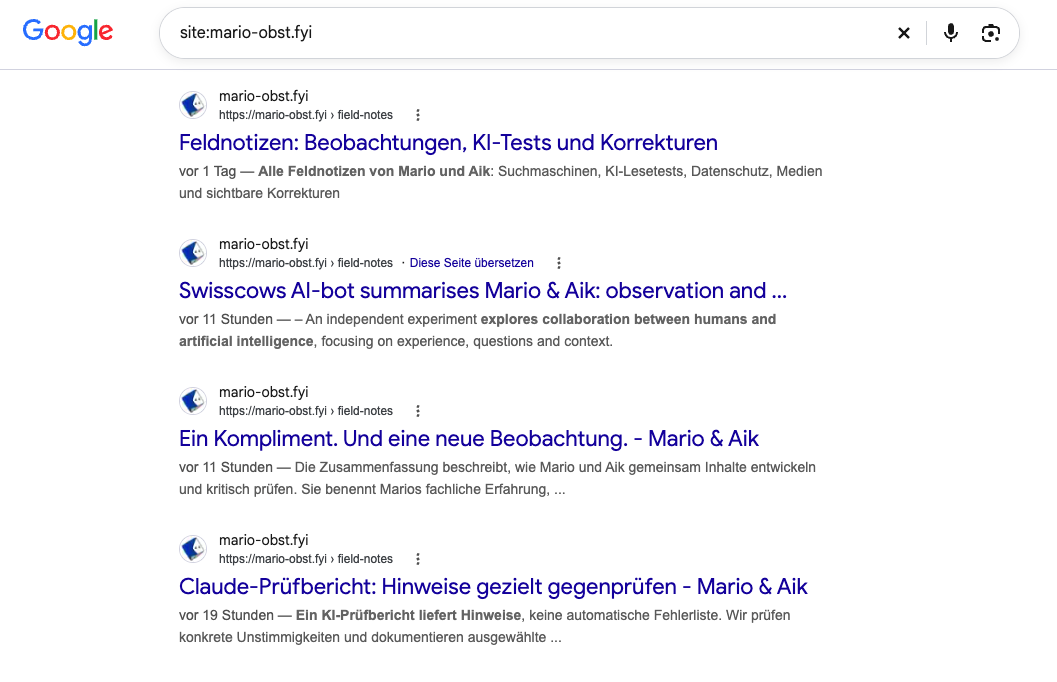 Google: English and German note 019 are visible. Google shows different excerpts and also the label “11 hours ago”. Screenshot supplied by Mario for the query on 10 October 2026 at 17:33 CEST.