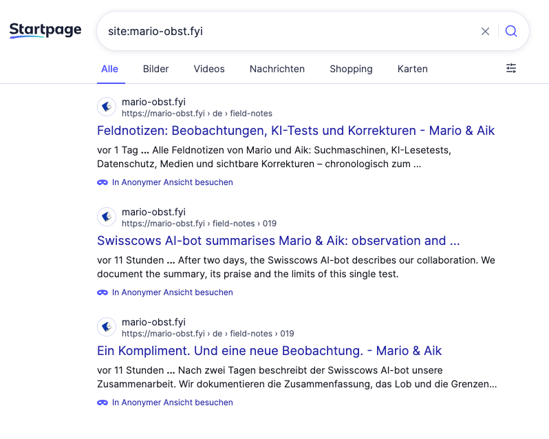 Startpage: English and German note 019 are visible; both carry the relative label “11 hours ago”. Screenshot supplied by Mario for the query on 10 October 2026 at 17:33 CEST.
