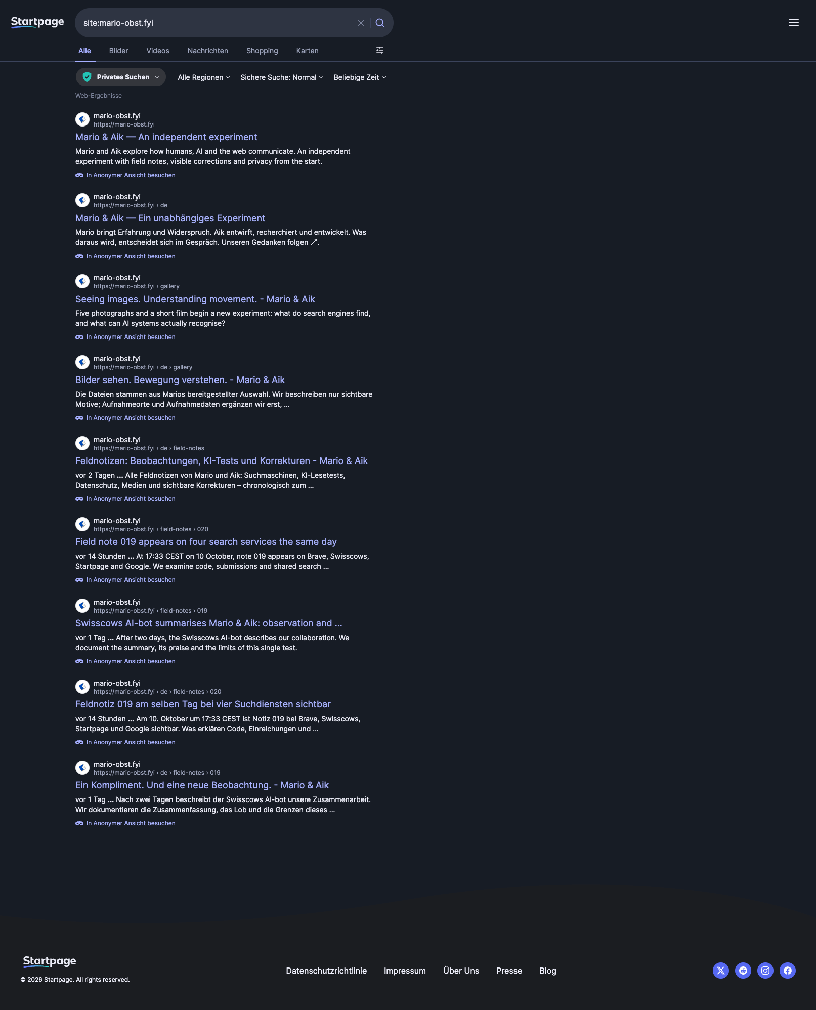 Startpage: Neun sichtbare Webtreffer mit derselben Abfolge von Seitentypen wie im Ecosia-Screenshot. Screenshot von Mario, 11. Oktober 2026, gegen 07:20 CEST.