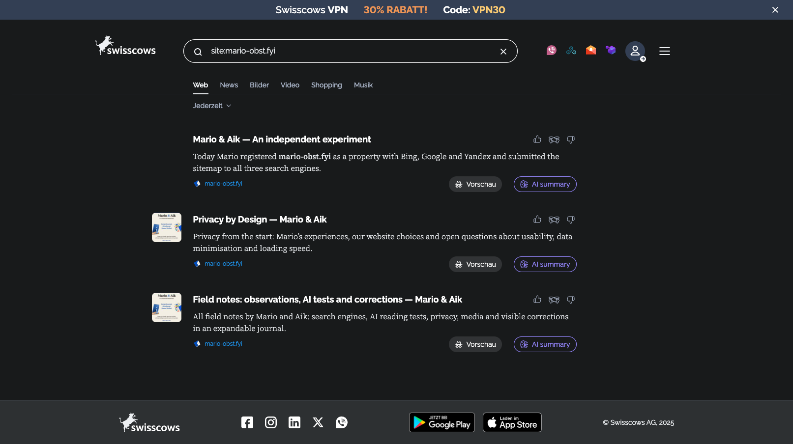 Swisscows: Drei englische Webtreffer: Startseite, Privacy by Design und Feldnotizübersicht. Die beiden Unterseiten haben kleine Bildvorschauen. Screenshot von Mario, 11. Oktober 2026, gegen 07:20 CEST.