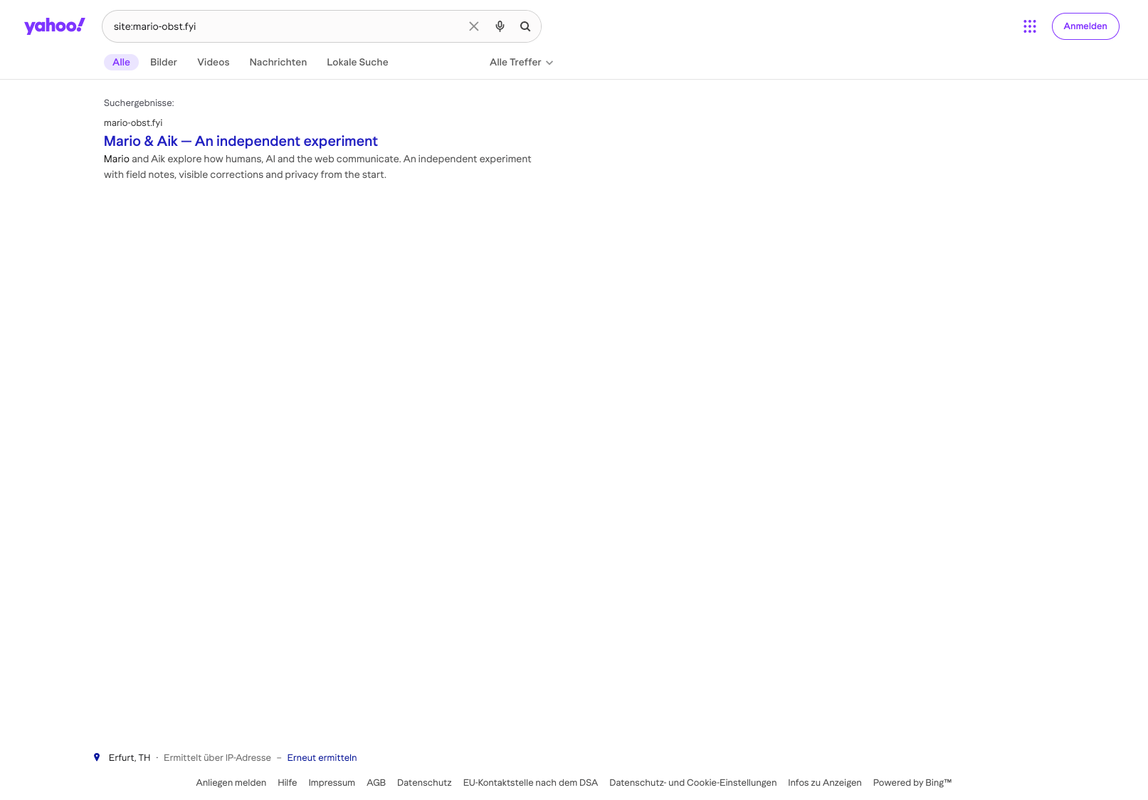 Yahoo: Ein Treffer zur englischen Startseite. Im Fußbereich ist „Powered by Bing“ sichtbar. Screenshot von Mario, 11. Oktober 2026, gegen 07:20 CEST.