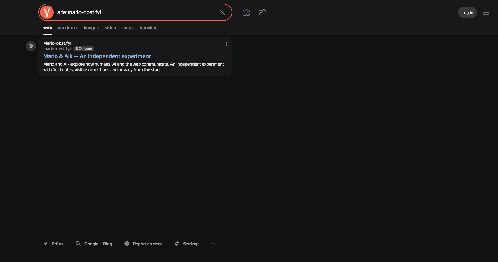 Yandex: Ein Treffer zur englischen Startseite mit der Datumsangabe „8 October“. Screenshot von Mario, 11. Oktober 2026, gegen 07:20 CEST.